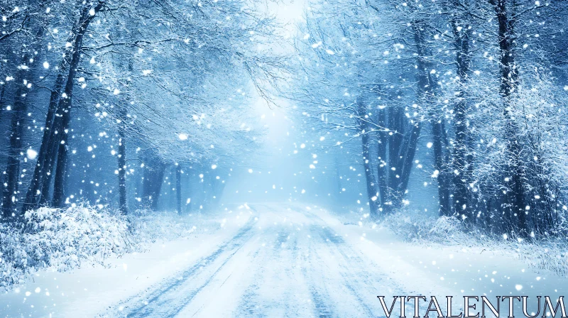 AI ART Snowy Forest Road with Falling Snowflakes