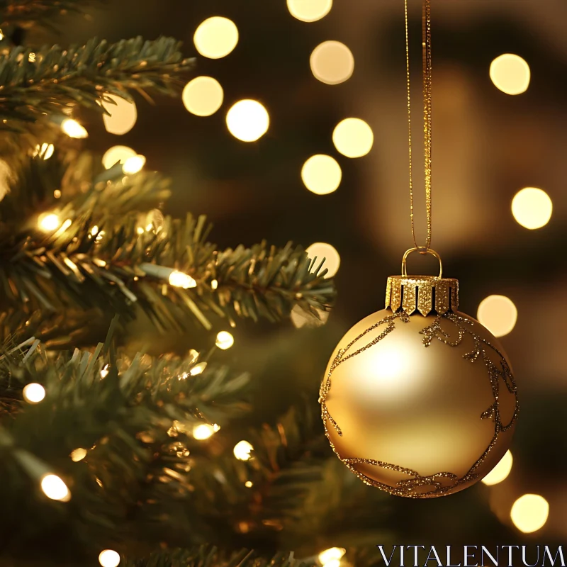 Festive Christmas Tree with Golden Ornament and Bokeh Lights AI Image