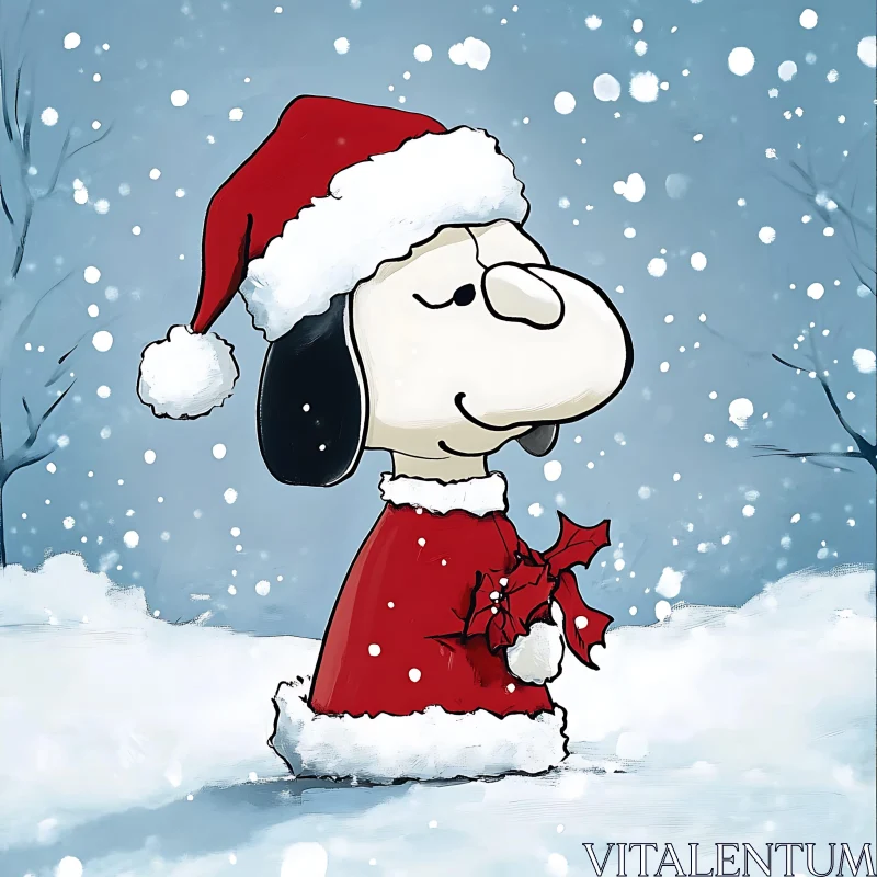 Festive Cartoon Dog in a Santa Costume with Snow Falling AI Image