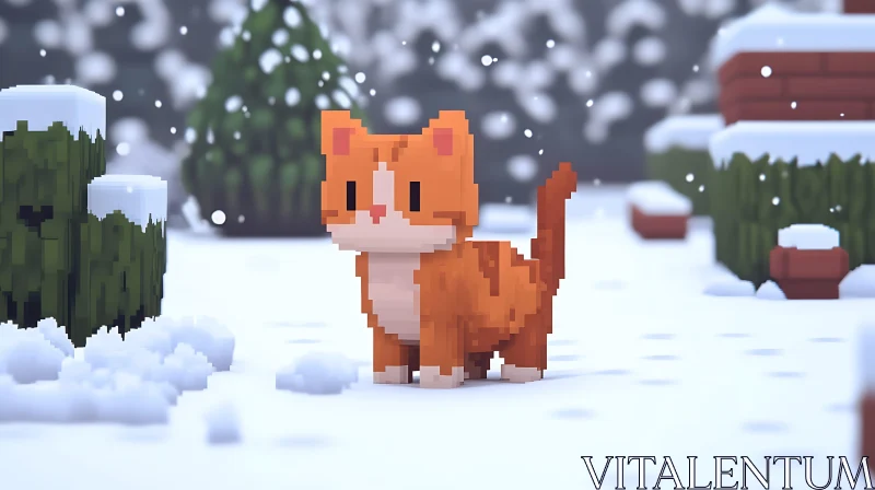 Snowy Pixelated Cat Scene AI Image