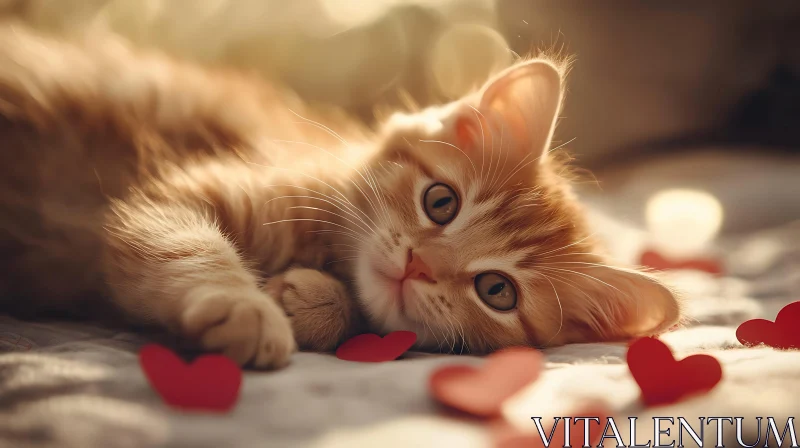 AI ART Cute Kitten Resting with Red Hearts