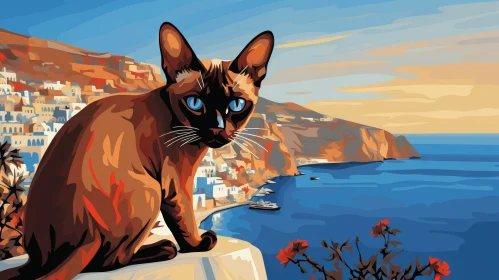 Cartoon Cat in Santorini, Greece by the Sea