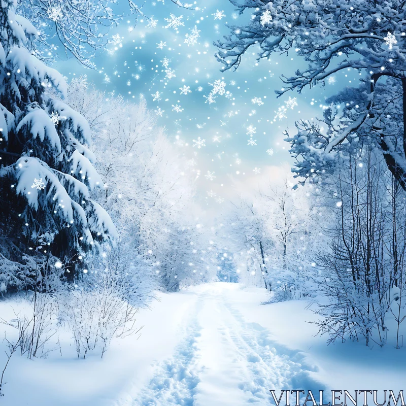 Snow-Covered Forest Pathway in Tranquil Winter Setting AI Image