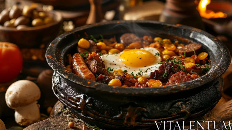 Delicious Rustic Breakfast Skillet with Eggs, Bacon, and Mushrooms AI Image