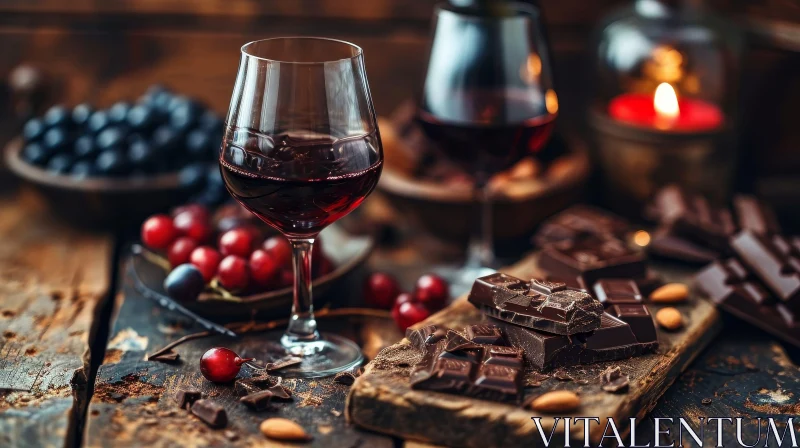 AI ART Elegant Still Life: Red Wine, Grapes, and Dark Chocolate on Wooden Table
