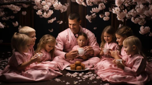 Enchanting Family Moment: A Man and His Children Amidst Cherry Blossoms