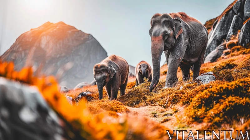 AI ART Majestic Elephants Walking Through a Rocky Field