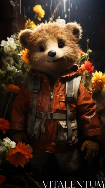 Sci-Fi Teddy Bear in Wilderness with Floral Costume AI Image