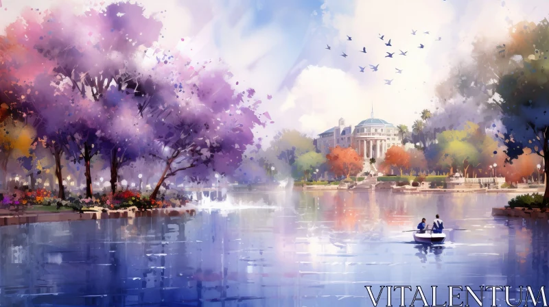 AI ART Tranquil Watercolor Painting of a Park with a Lake