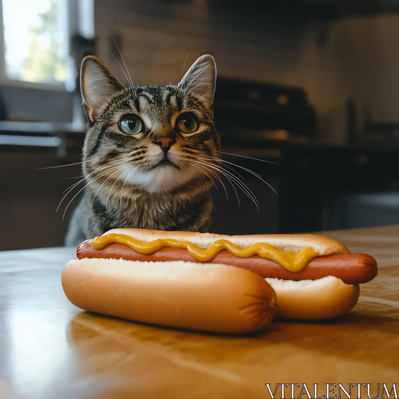 Cat Staring at Hotdog in Sunlit Kitchen AI Image