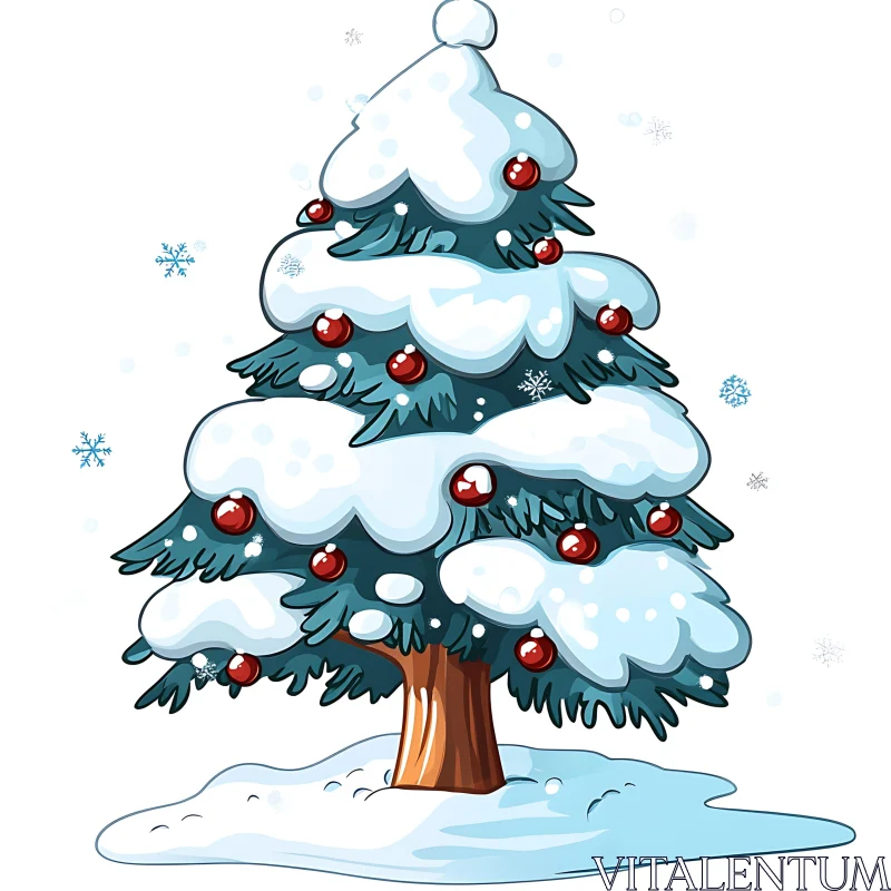 Festive Snow-Covered Christmas Tree Illustration AI Image