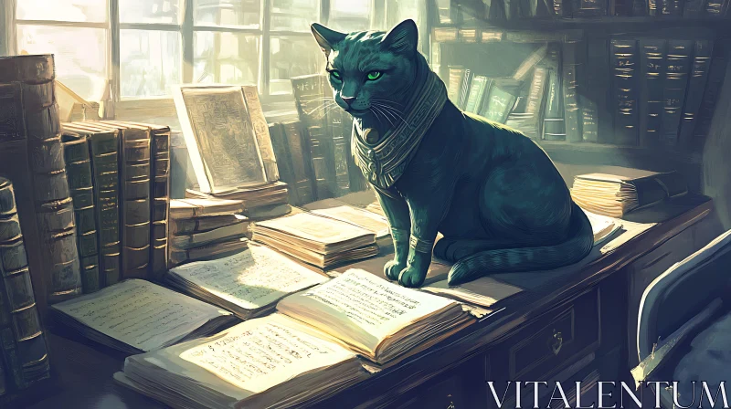 Enigmatic Cat Among Ancient Manuscripts AI Image