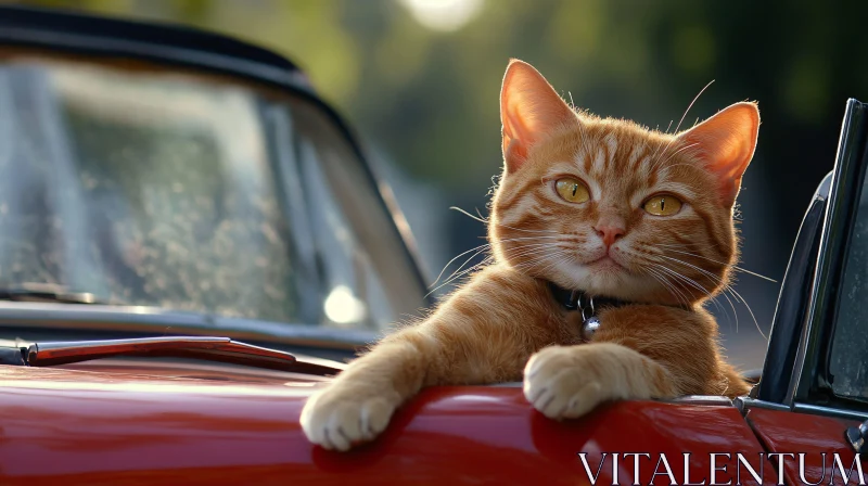 Ginger Cat Relaxing in a Car's Open Window AI Image