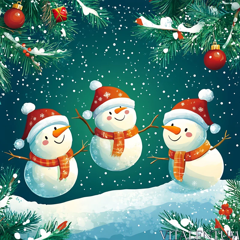 Joyful Snowmen in a Snowy Holiday Setting AI Image