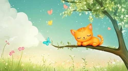 Peaceful Orange Kitten Napping Among Butterflies