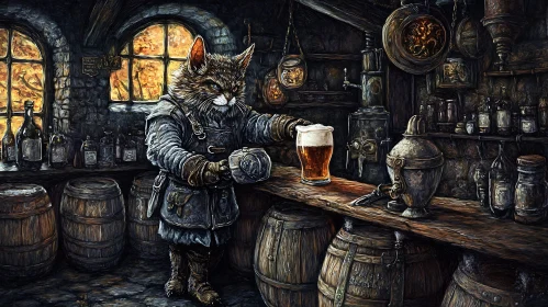 Medieval Tavern Scene with Cat Bartender