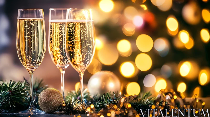 AI ART Champagne Glasses with Festive Decor and Bokeh Lights