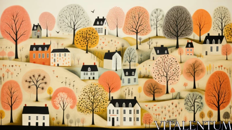 Autumn Village Artwork: Folk-Inspired Illustration in Light Pink and Orange AI Image