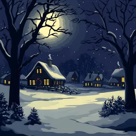 Moonlit Snowy Village Scene