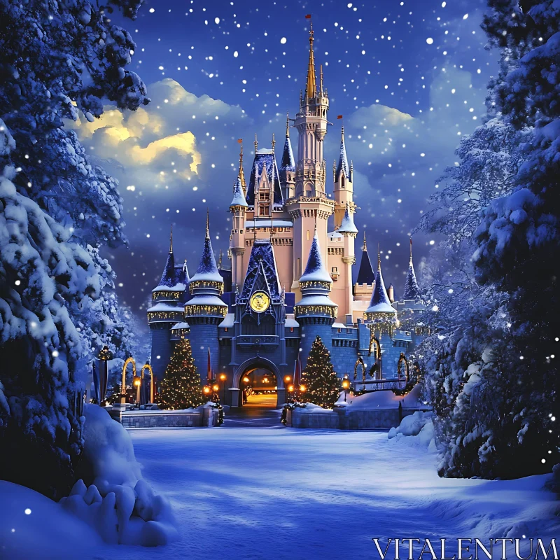 Enchanted Snowy Castle under Night Sky AI Image