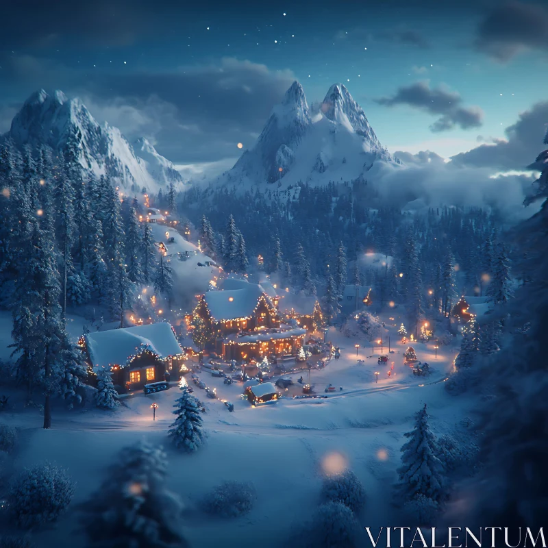 Cozy Winter Village in Snowy Mountain Landscape AI Image