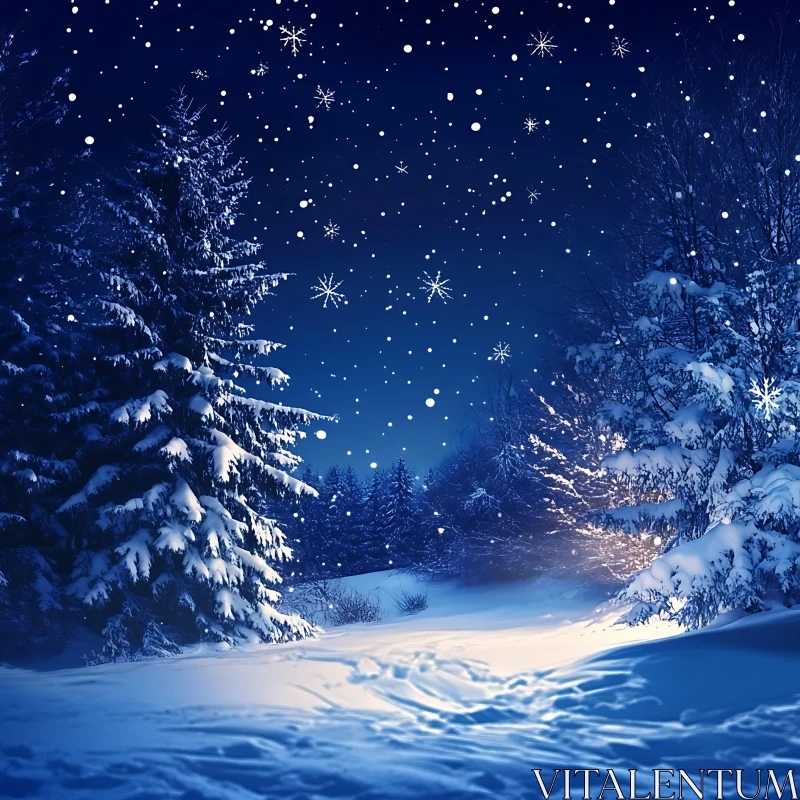 Peaceful Snowy Night in Pine Forest AI Image