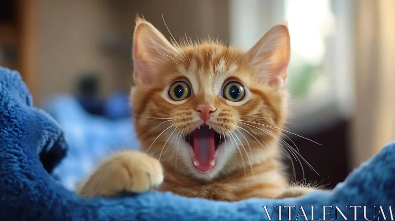 AI ART Surprised Ginger Kitten in Blue Blanket