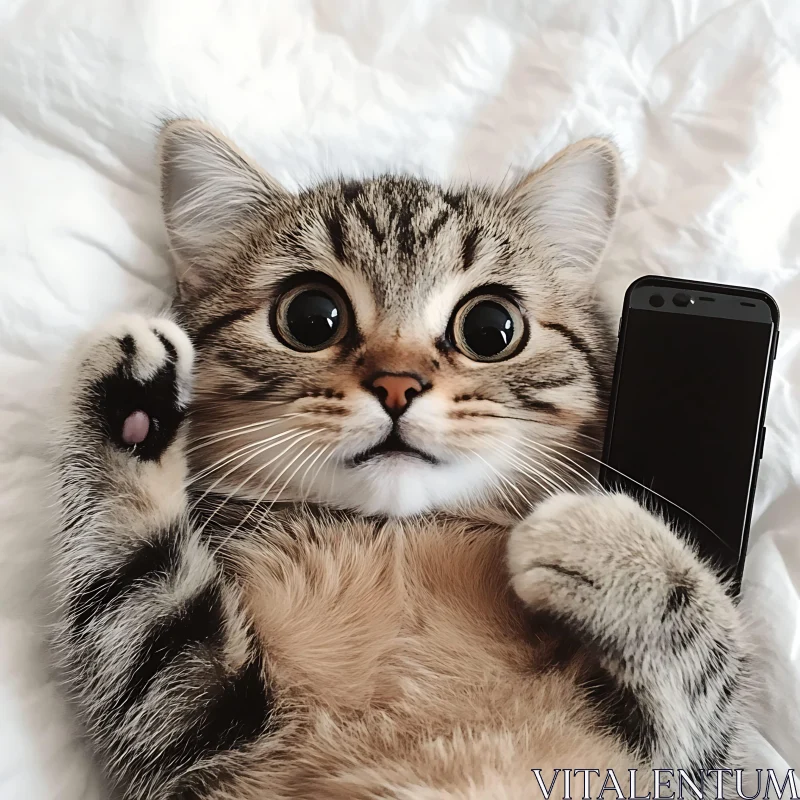 Cute Kitten with Smartphone AI Image