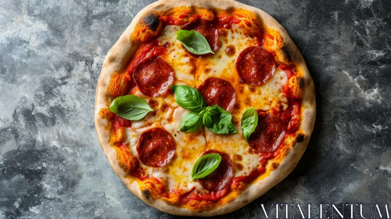 Delicious Pepperoni Pizza with Melted Cheese and Fresh Basil Leaves AI Image