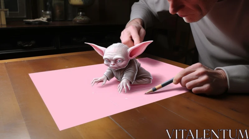 AI ART Detailed 3D Yoda Character Drawing on Pink Paper