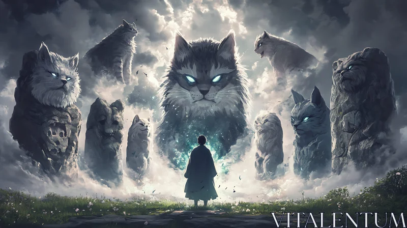 Surreal Landscape Featuring Gigantic Cat Monuments AI Image