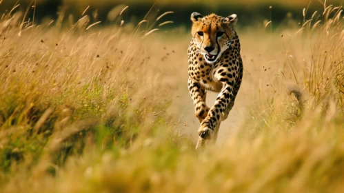 Graceful Cheetah Running in Tall Grass - Wildlife Photography