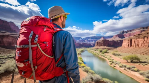 Man Watching Grand Canyon River in Hat and Backpack | Engineering and Design