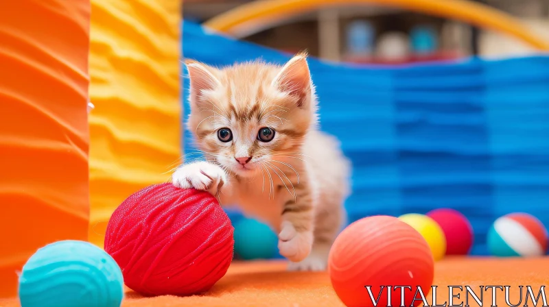 Playful Ginger Kitten with Red Yarn in Colorful Playpen AI Image