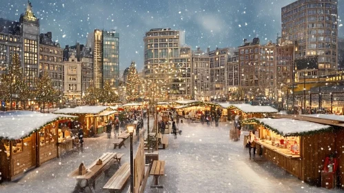 Festive Christmas Market in Snow-Covered Cityscape