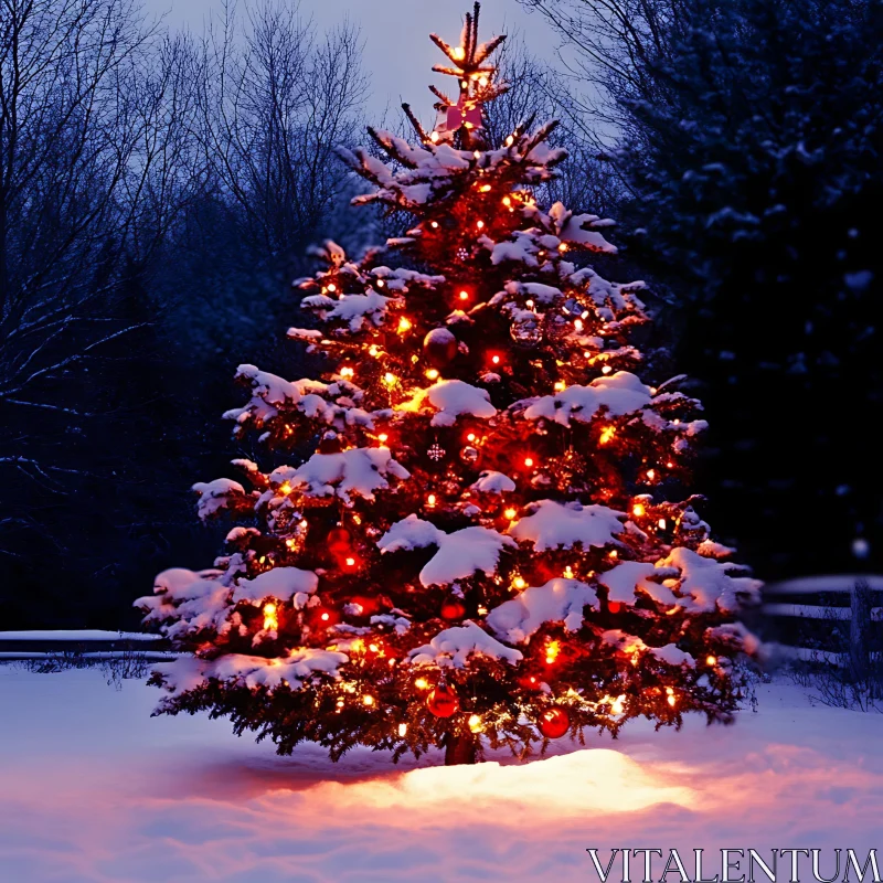 Snow-Covered Christmas Tree with Glowing Ornaments AI Image