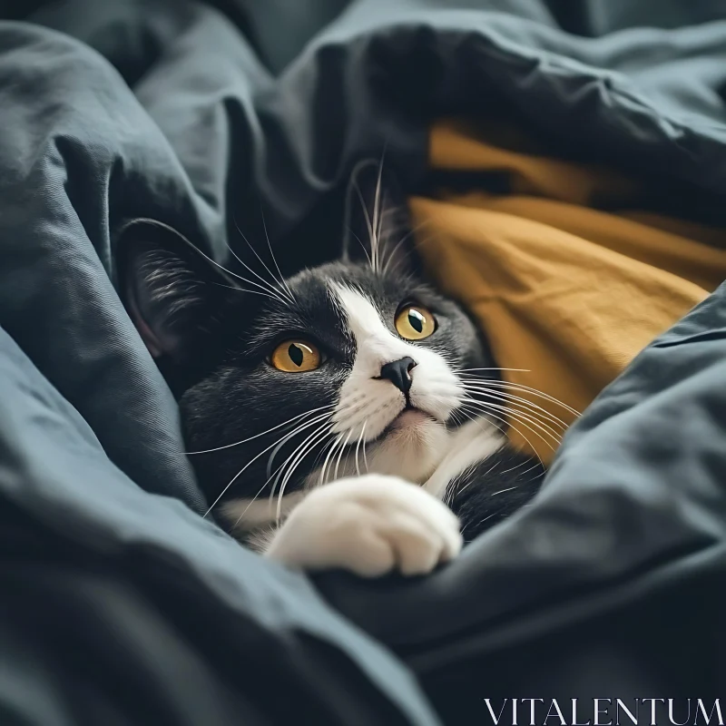 Comfortable Black and White Cat Snuggled in Blankets AI Image