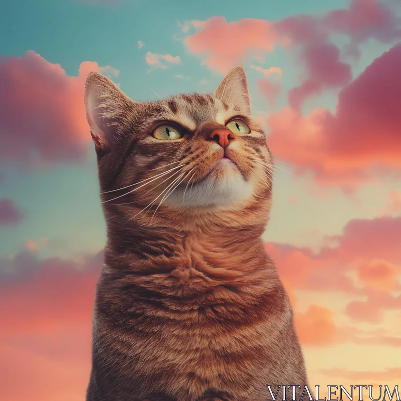 Curious Tabby Cat with Colorful Sky Backdrop AI Image