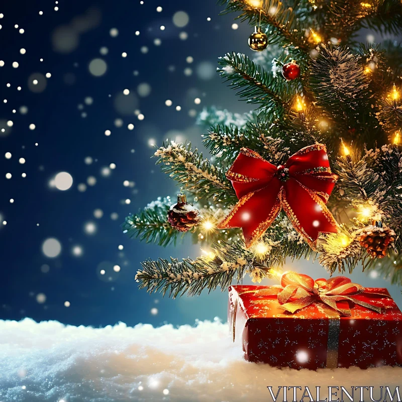 Beautifully Decorated Christmas Tree with Presents in Snow AI Image