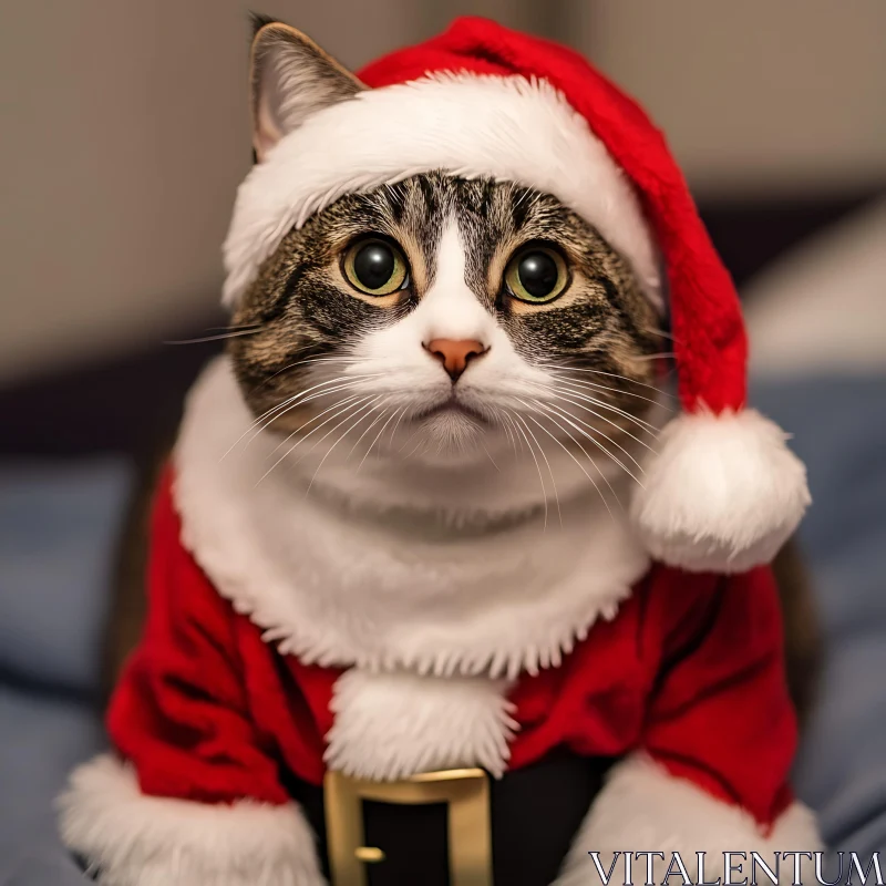 Adorable Feline in Festive Santa Outfit AI Image