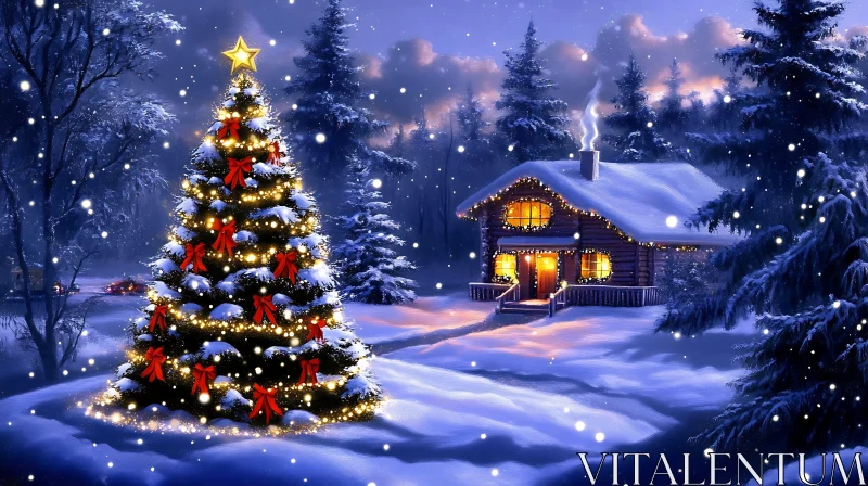 AI ART Festive Winter Cabin with Christmas Tree and Snowfall