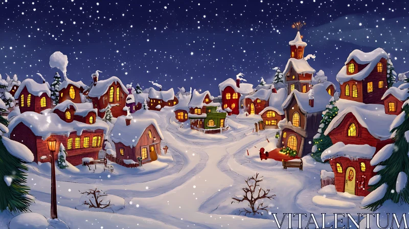 AI ART Snowy Night in a Cozy Holiday Village