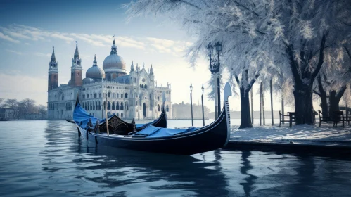 Blue Gondola Floating in Venice - Winter Scene with Church | Matte Painting