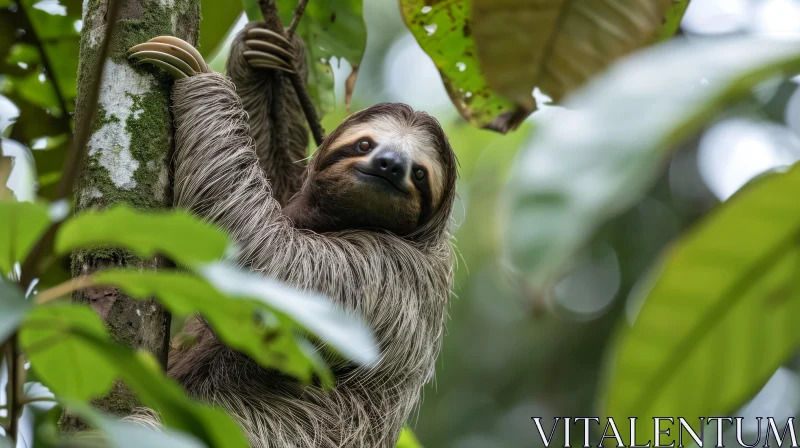 Brown and Beige Sloth Hanging from Tree Branch | Vibrant Nature Portrait AI Image