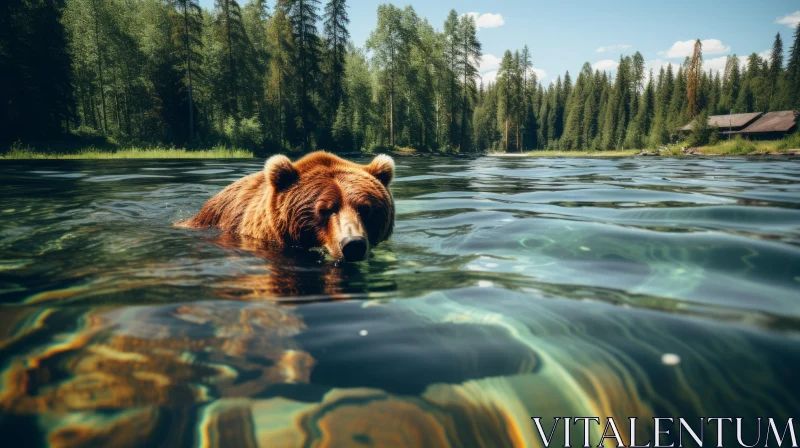 Brown Bear Swimming in Clear River Amidst Forest AI Image