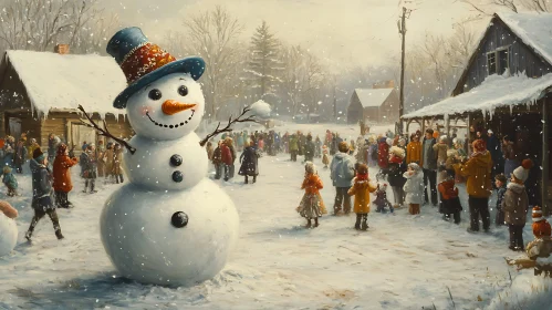 Village Gathering in Snow with Cheerful Snowman