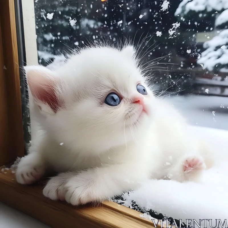 Snow-Loving White Kitten with Blue Eyes AI Image