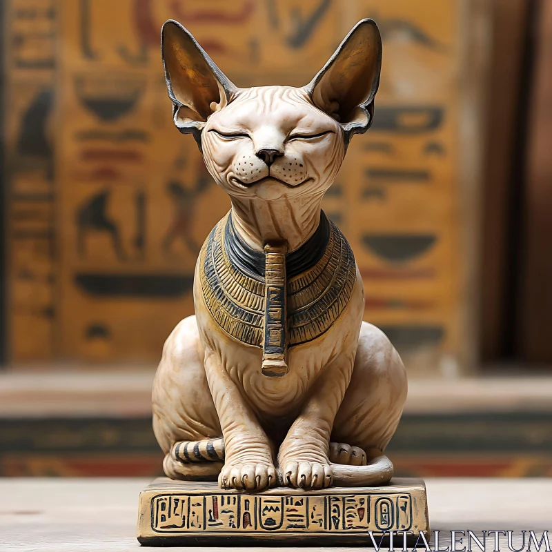 Egyptian Cat Figurine with Intricate Details and Historical Hieroglyphs AI Image