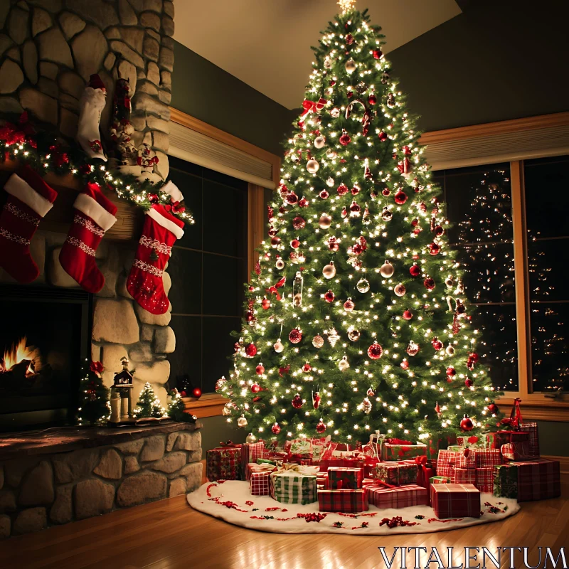 Decorated Christmas Tree with Presents by Fireplace AI Image