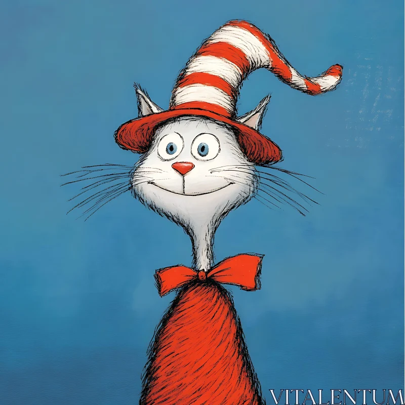 Cheerful Cat in Red and White Hat Illustration AI Image